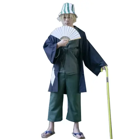 Urahara Kisuke Gotei 13 Costume Cosplay Kimono Halloween per uomo Donna Completo (Cappuccio, top, pantaloni e cappello)