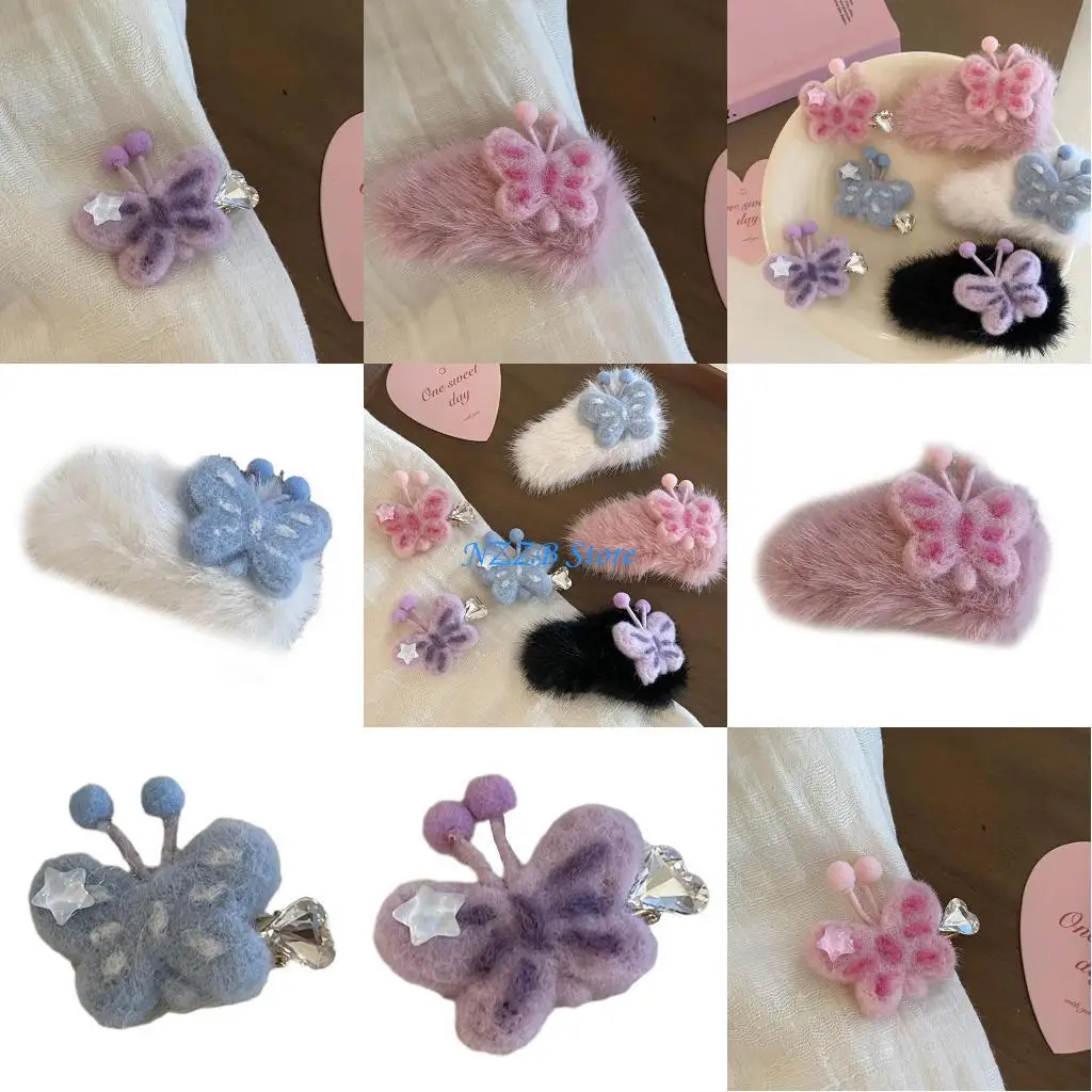 

T21F Sweet Hair Clip Cartoon Butterfly Hairpin Plush Hair Clip for Ponytail Bangs Hairpins for Teens Children