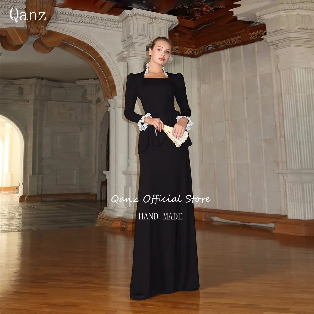

Qanz винтажные черные длинные вечерние платья с пышными рукавами, кружевные вечерние платья, женские платья с квадратным вырезом и оборками, Vestidos De Gala, индивидуальные