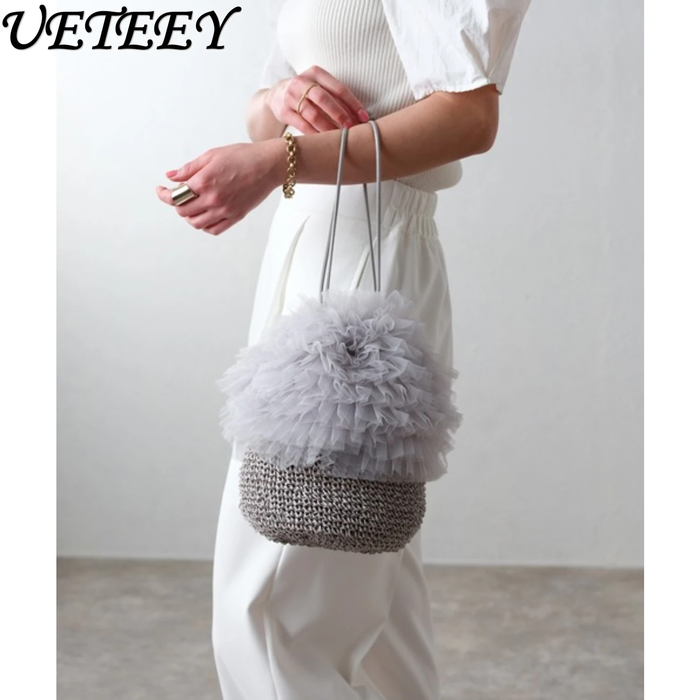 

Japanese Tulle Lotus Leaf Edge Drawstring Handbag Sweet and Cute Girl Versatile Summer New Cosmetic Bag Shoulder Bags