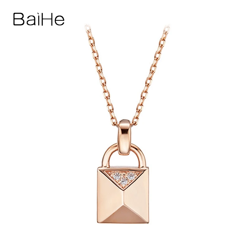 

BAIHE Solid 14K Rose Gold Leisure beautiful Lock Pendant Necklace for Women Trendy Engagement Fine Jewelry Collier Collar