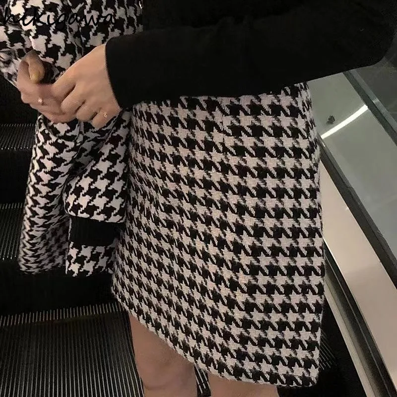Two Piece Sets Womens Outifits Temperament Skirts Suit O-neck Oversized Jackets High Waist Bodycon Mini Skirt Plaid Vintage Set