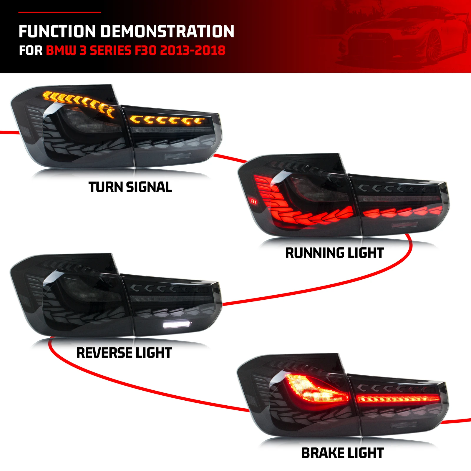 LED GTS Tail Lights for BMW 3-Series F30 F80 M3 2011-2018 Sequential Turn Signal Start-up Animation Black Rear Lamps Assembly
