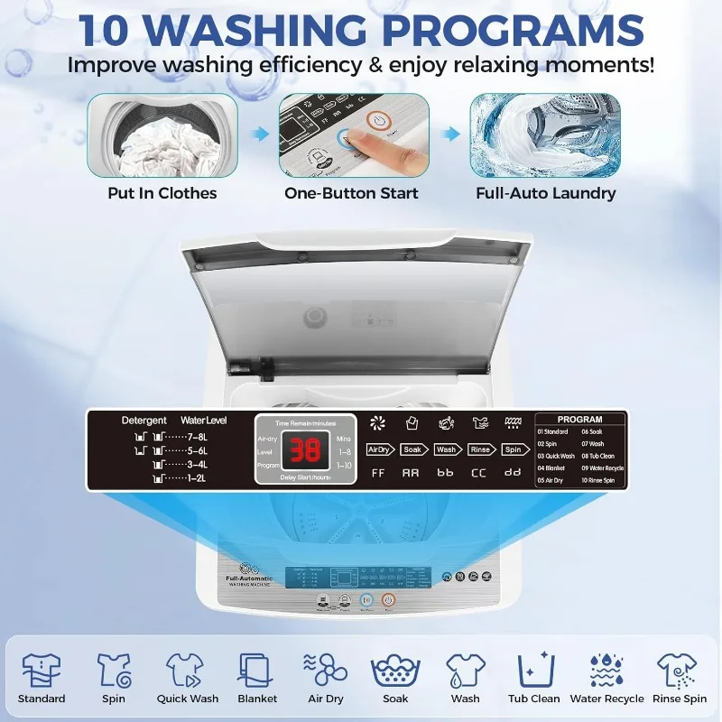 Nictemaw Draagbare Wasmachine 17,8 Pond Compacte Wasmachine Met Led-Display, 10 Programma 'S En 8 Waterpeilselecties