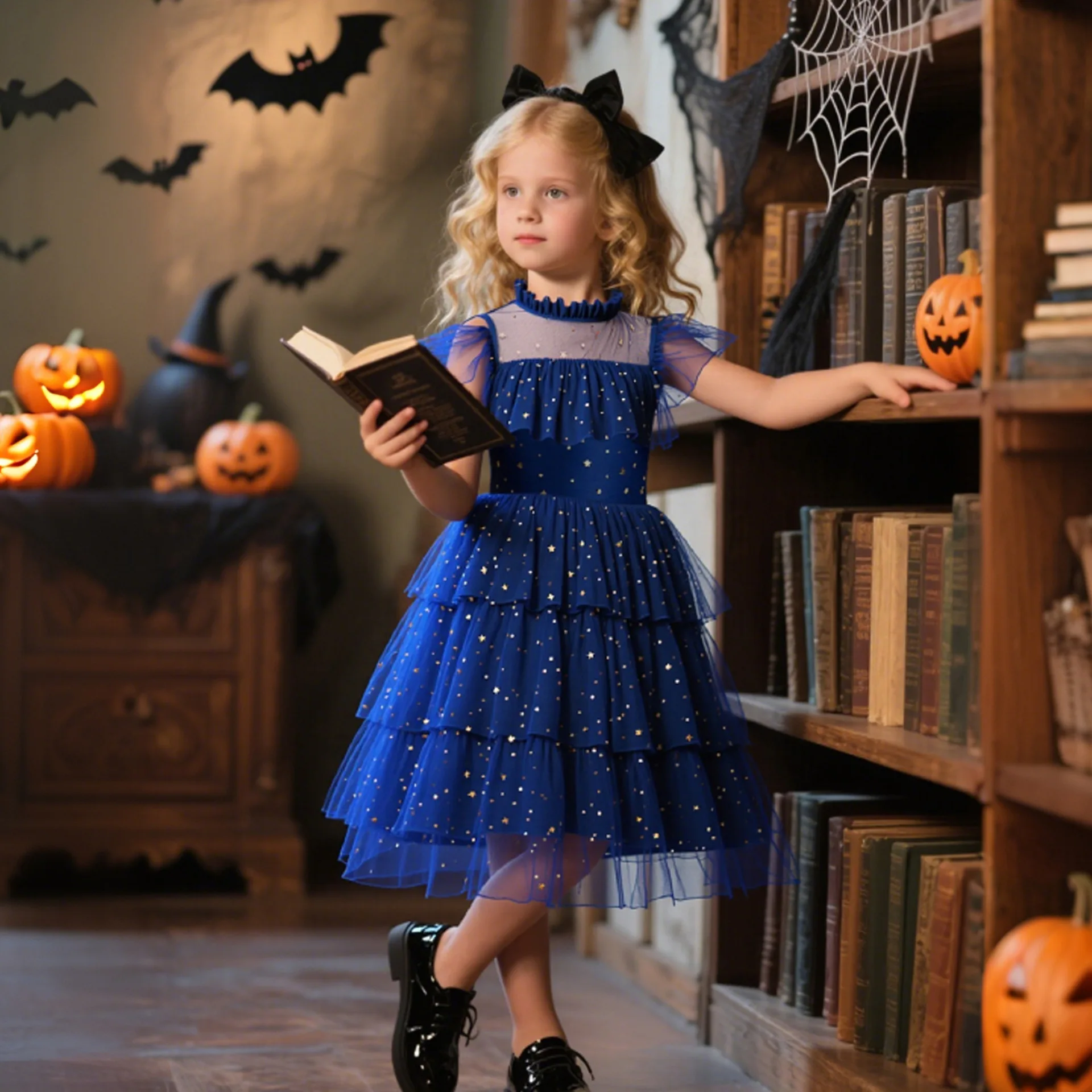 Halloween Witch Cosplay Costume Star Tulle Girl Princess Dress Shiny Sequin Girls Party Dresses Elegant Birthday Evening Dress