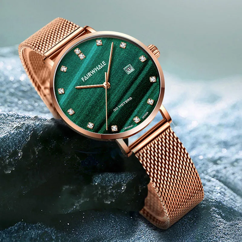 

Fashion Simple Iced Watches Women Mark Fairwhale Dress Rose Green Quartz Wristwatch Ladies Luxury Milan Steel Strip Clock Girl