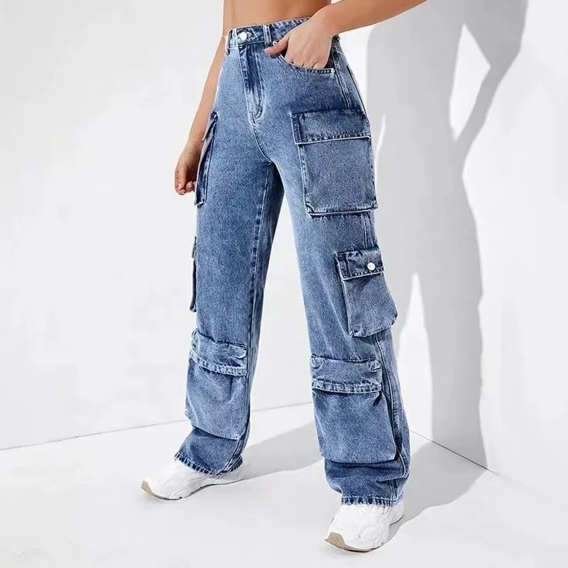 Women's New Tide Multi-pocket Overalls Jeans, High-waisted Loose Leisure Wide-leg Pants Spliced Long Jeans for Autumn and Winter