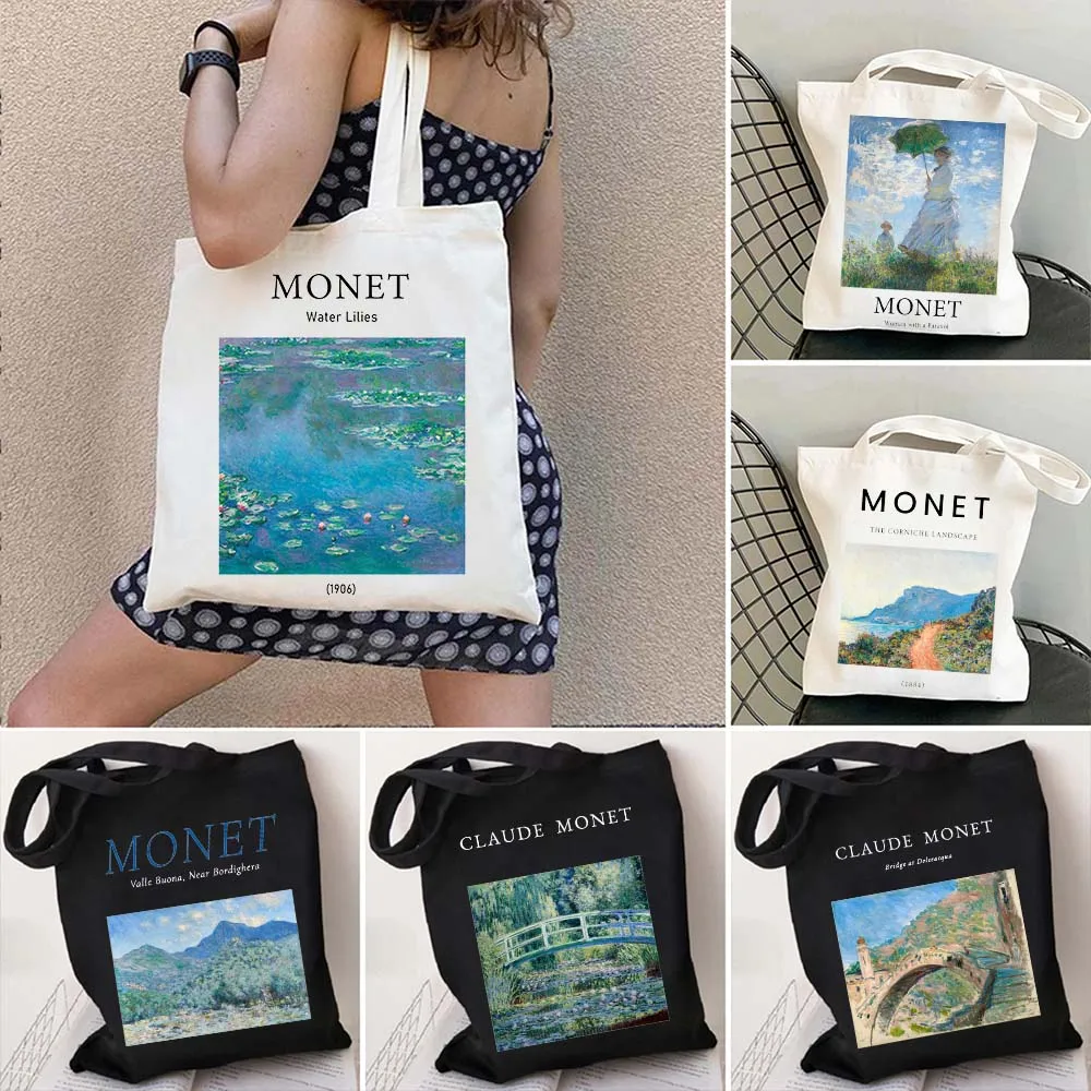 Women Shoulder Bag Cute Claude Monet Water Lilies Landscape Painting Harajuku Shopping Canvas Shopper Bag Handbag Totes Lady Bag