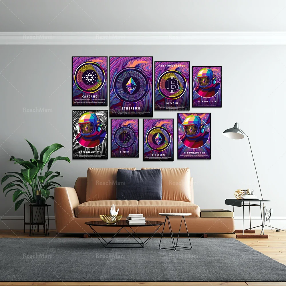 Crypto Colorful Canvas Poster Xrp Cardano Bitcoin Solana Decentraland Ethereum Cryptocurrency Home Decor