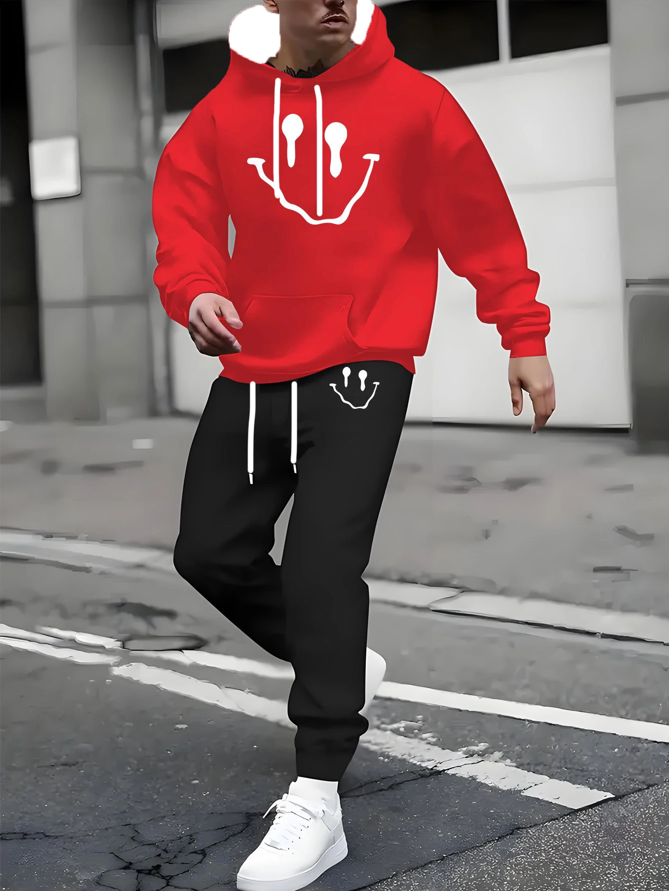 

Осенне-зимний мужской комплект с капюшоном и рисунком улыбающегося лица, спортивный комплект с капюшоном для отдыха на открытом воздухе, быстросохнущий и дышащий