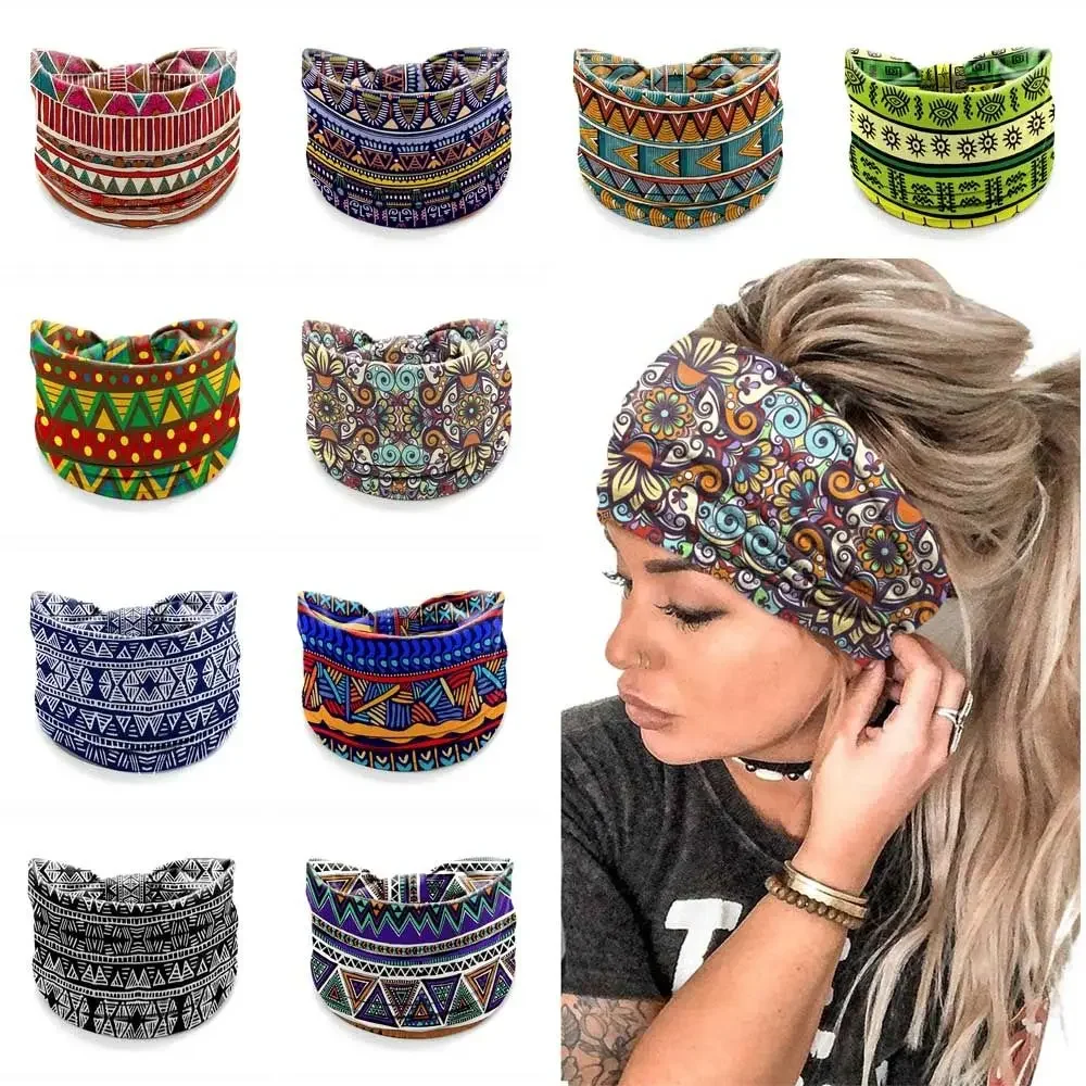

New Elastic Wide Headbands Boho Flower Print Printed Headscarf Wide Brim Vintage Knot Hair Accessories Women