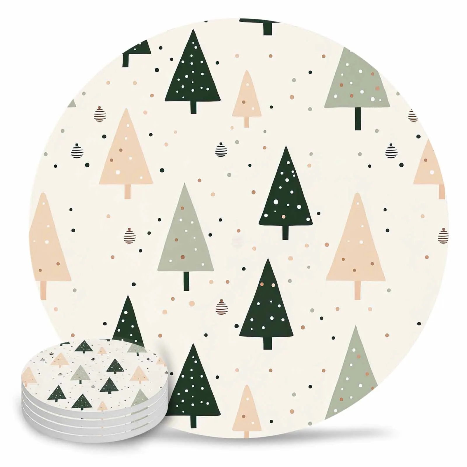 Christmas Tree Polka Dot Hand Drawn Ceramic Coaster Set Kitchen Table Round Placemat Luxury Decor Coffee Tea Cup Coasters