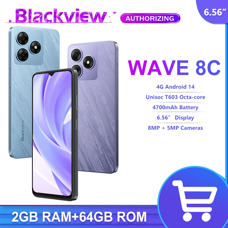 Blackview Wave 8C Smartphone 6.56 ''Android 14 HD + IPS Display T603 Octa Core 2 GB + 64 GB 4700 mAh Batterij Mobiele Telefoon 8MP Camera