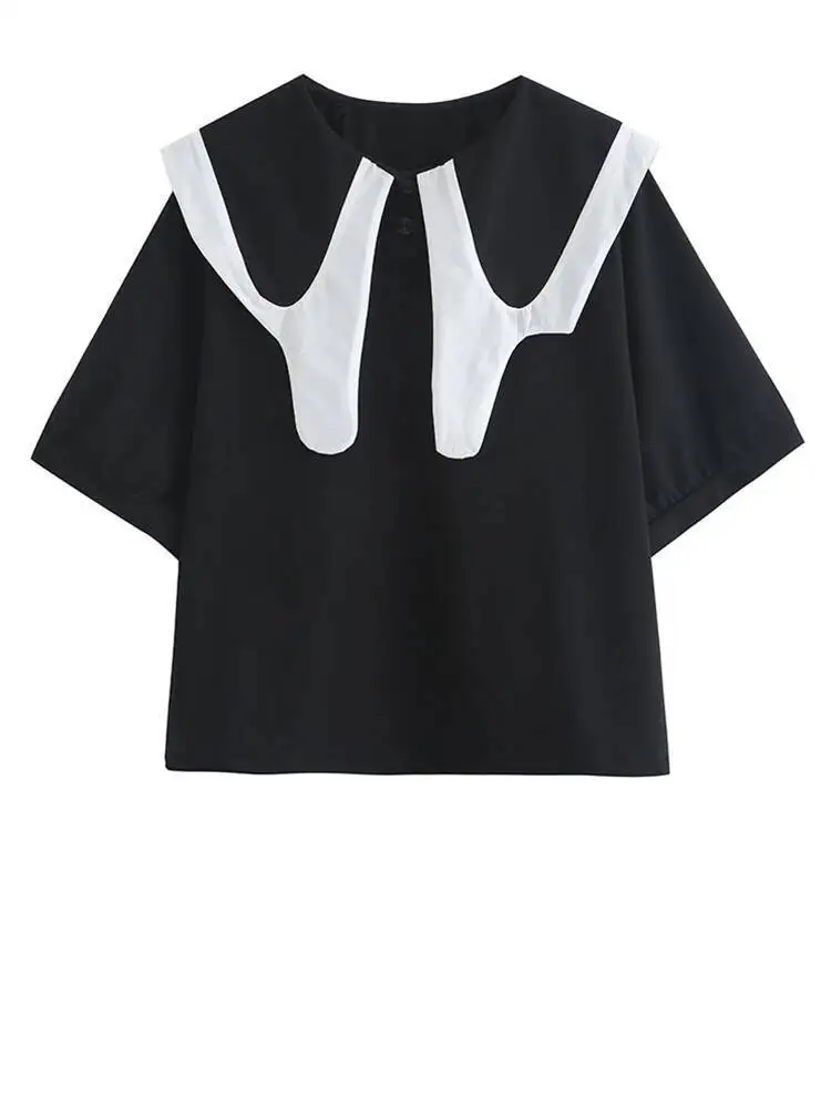 Women Black Color-block Irregular Big Size Casual T-shirt New Round Neck Half Sleeve Fashion Spring Summer 2026 5KYQ