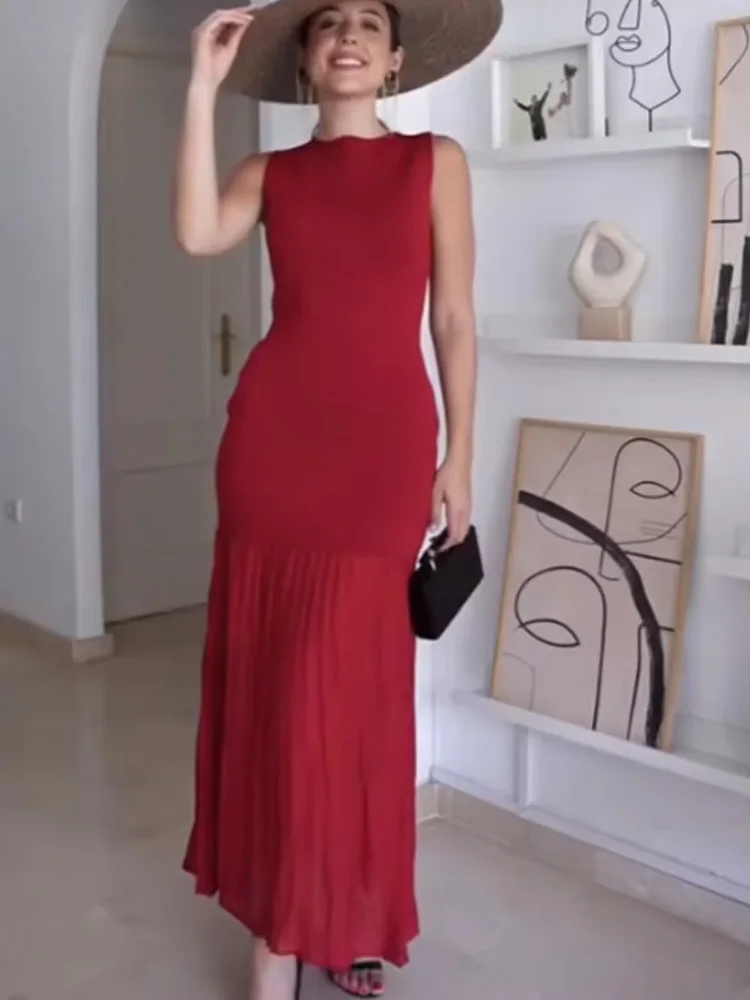 HH femme nouvelle mode mince solide longues robes col rond sans manches épissage robes femme élégante robe tricotée 2 couleurs