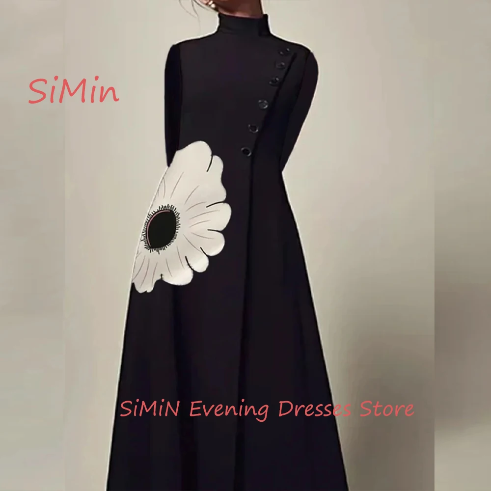 Simin Saudi High-Neck Simple Flower Button Ruffle A-Line Long-Sleeves Ankle-Length Arab Evening Party dresses for women 2024