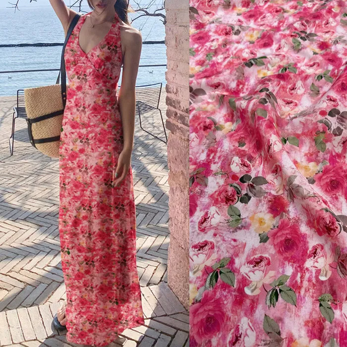 Vibrant Pink Ditsy Floral Print Silk Stretch Crepe De Chine Fabric Mulberry Silk Material For Dresses Blouse