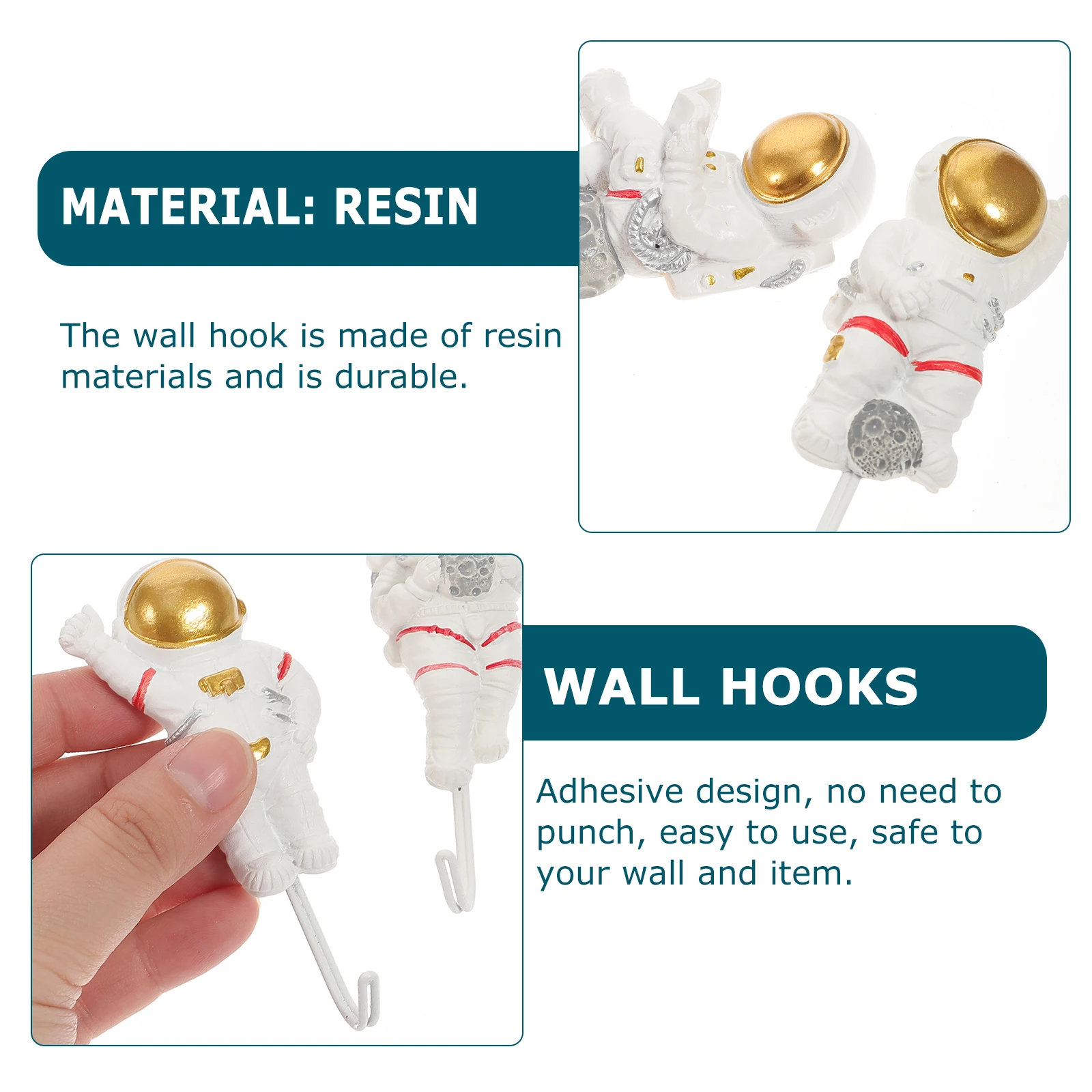 

4pcs Astronaut Wall Hook Resin Material Creative Door Hooks Punch Kitchen Bedroom Use Smooth Surface Glass Tile