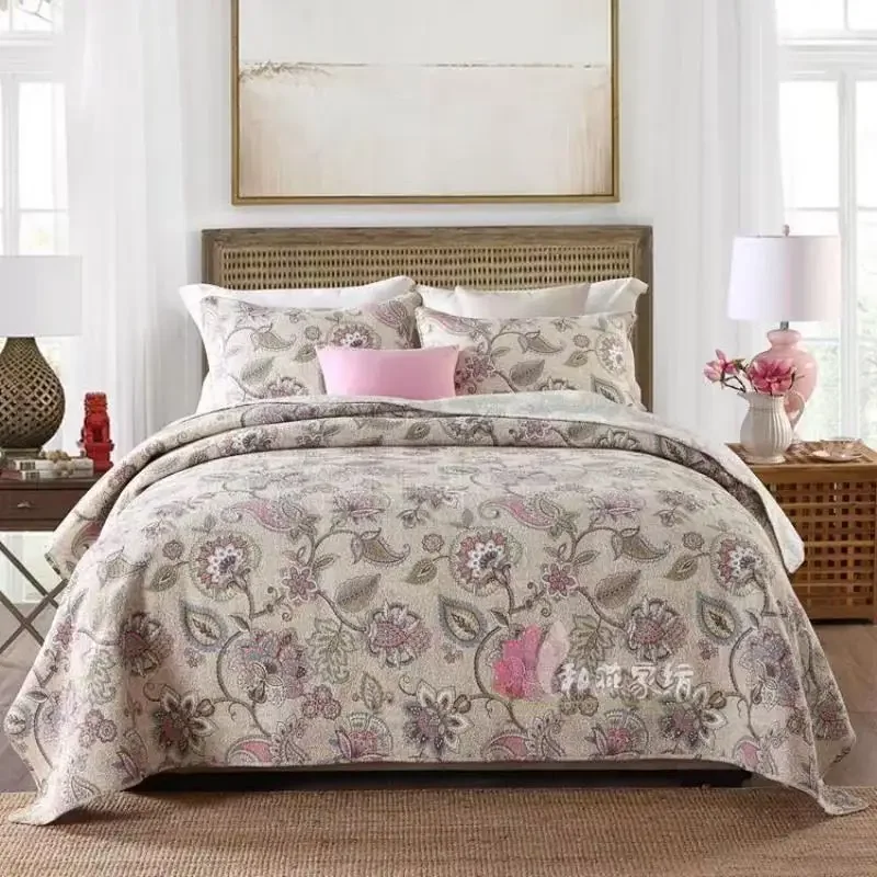 3pcs Pure Cotton Quilted Bed Cover Pillowcases Retro Bedspread Queen Size Quilt Bedding Set Couple Bed Coverlet Summer Blanket