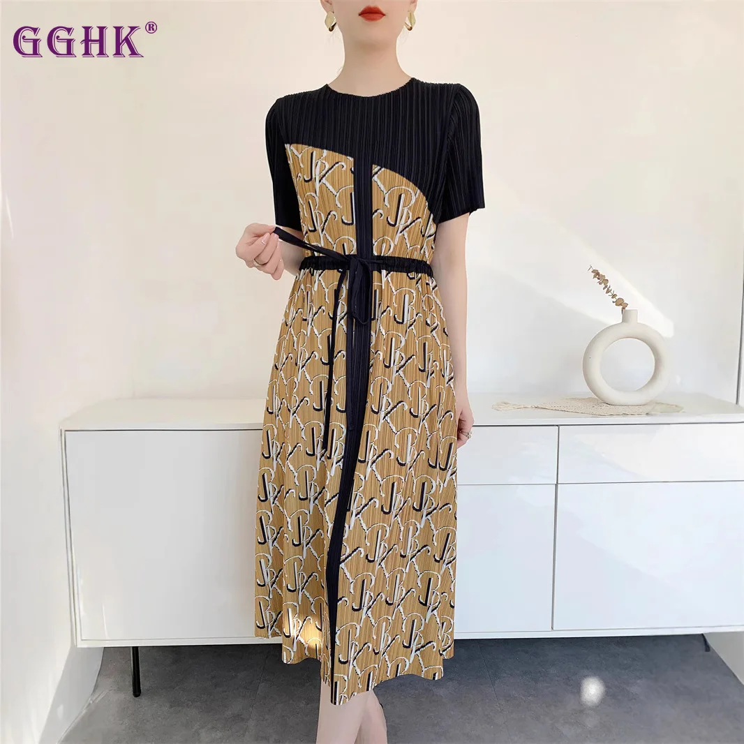 

GGHK 2025 летние новые плиссированные платья женские с завязками на талии средней длины с принтом французская элегантность Miyake высококачественная плиссированная юбка Sub