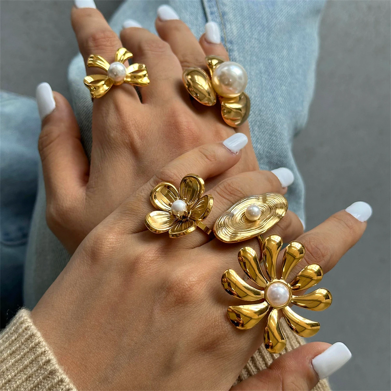 

WAKA Eye-catching Elegant Unique Women's Statement Rings Pearl Flower Bow Vintage Design Chic Trendy Party Fashion Jewelry