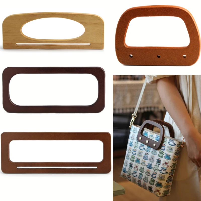 2PCS Rectangular Wooden Straw Bag Beach Bag Handle Trapezoid Shopping Bag Handbag DIY Handicraft Accessories