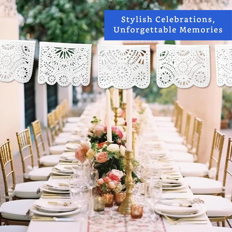 White Papel Picado Carved Hanging Banner Backdrop for White Weddings Birthday Carnival Mexican Themed Party Decoracione Supplies