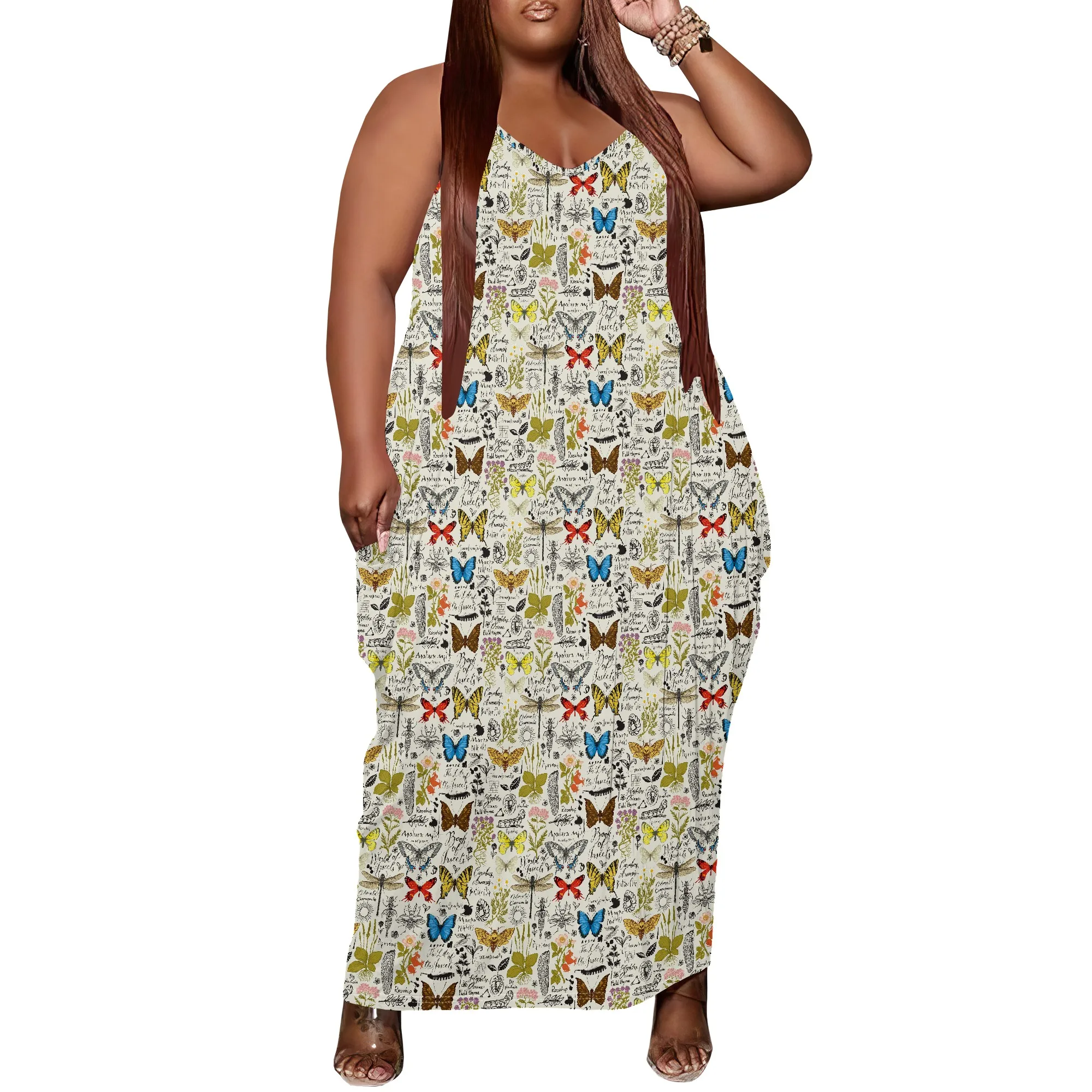 

Women Plus Size Dress Loose Strap Long Dress with Pocket Breathable Cottagecore Butterfly Print XL-6XL​