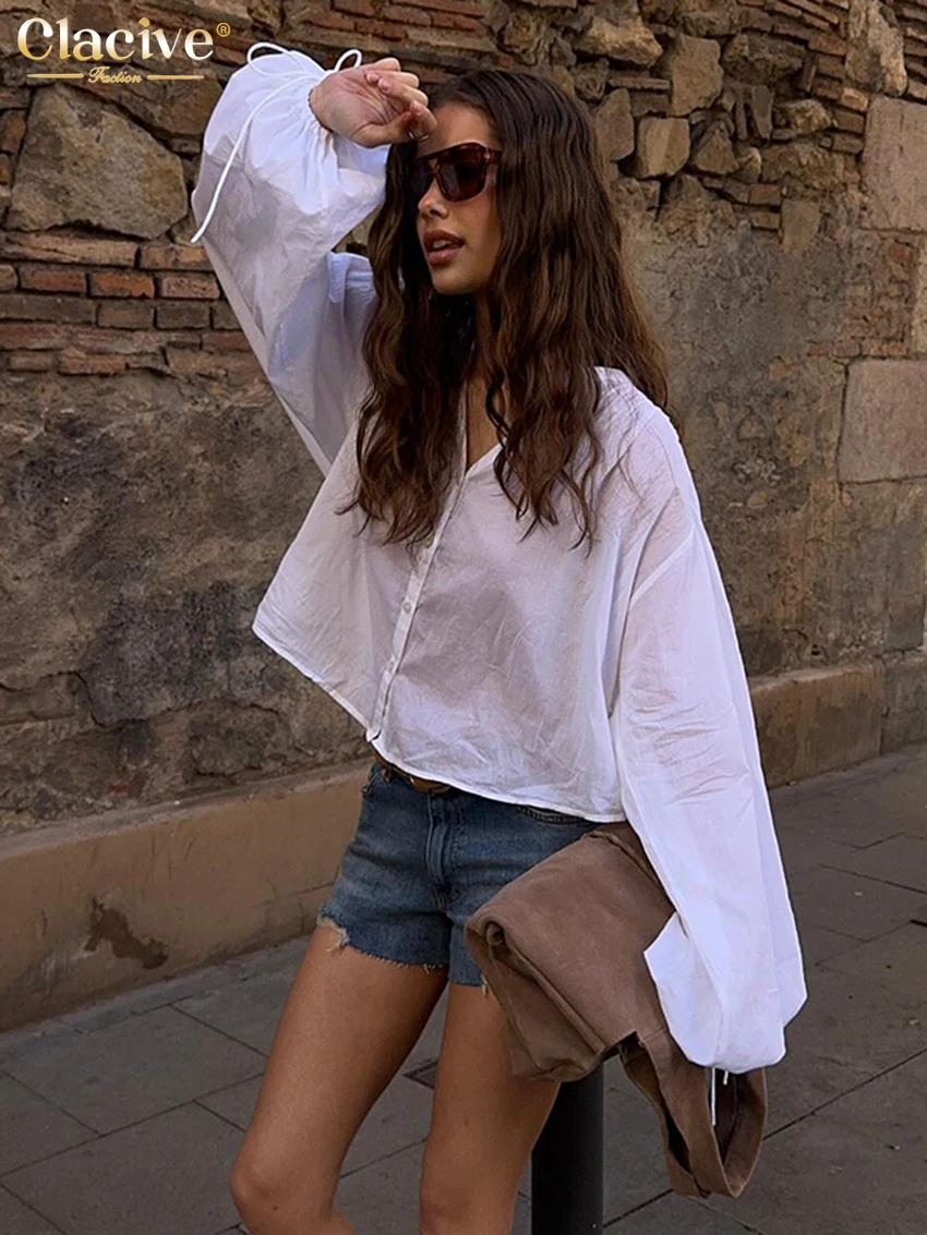 

Clacive Fashion Loose White Cotton Women's Blouse Casaul V-Neck Long Sleeve Shirt Elegant Classic Solid Tops Female Clothing