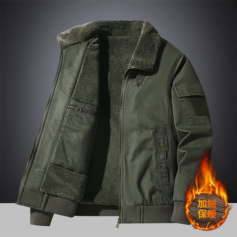 

Fleece Warm Zipper Jackets Men's Fashion Bomber Jacket Workwear Military Fleece Lined Pilot Jacket for Men Casual Loose Parkas