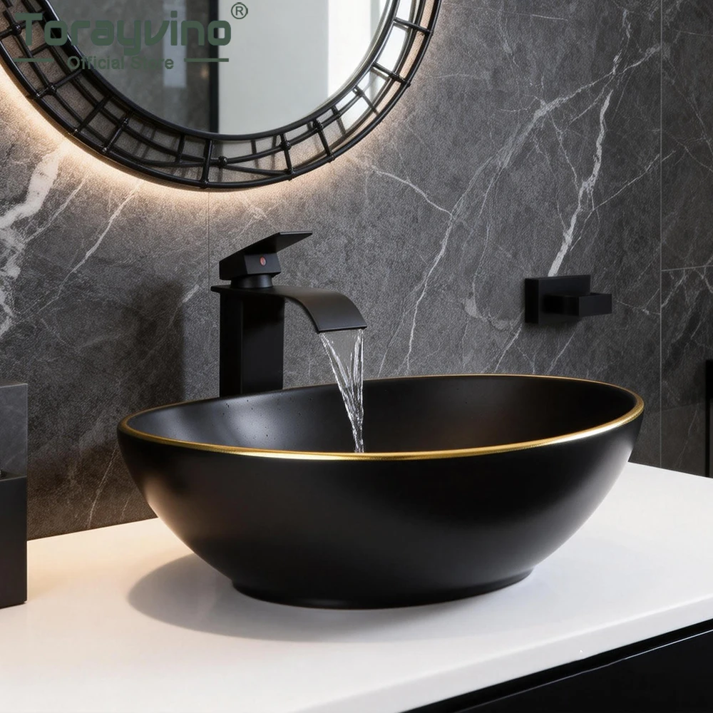 Torayvino Modern Bathroom Vessel Sink Black Ceramic Wash Basin Sink Bowl Countertop Bathrooms Vainty with Waterfall Mixer Faucet