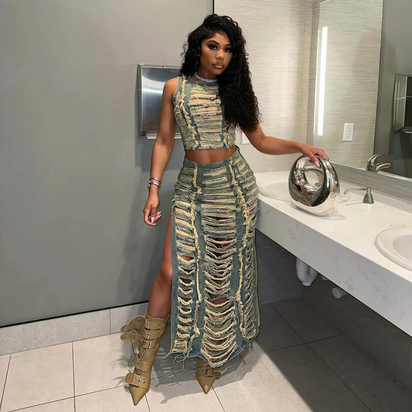 

Women's Denim Suit Women's Personalized Slit Denim Skirt Suit European and American