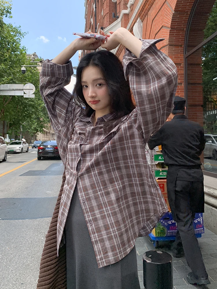 

Ретро-рубашка в клетку для женщин, весна 2026, новый корейский дизайн, свободный топ с длинным рукавом, повседневная одежда для девушек
