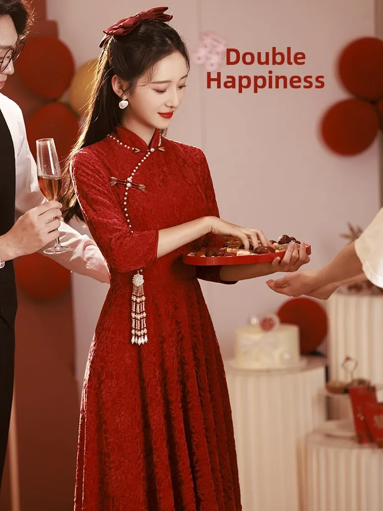 

Ele Long Sve Wedding Dr Vintage Sle Evening Gown for Engagement And Wedding Pearl Embellied Slim Fit Qipao Dr