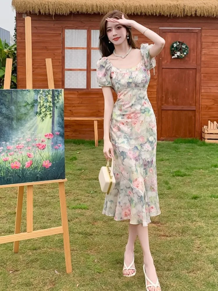 Elegant Women Mermaid Dresses French Chic Oil Painting Floral Summer Square Collar Lantern Sleeve Long Dress Slim Birthday