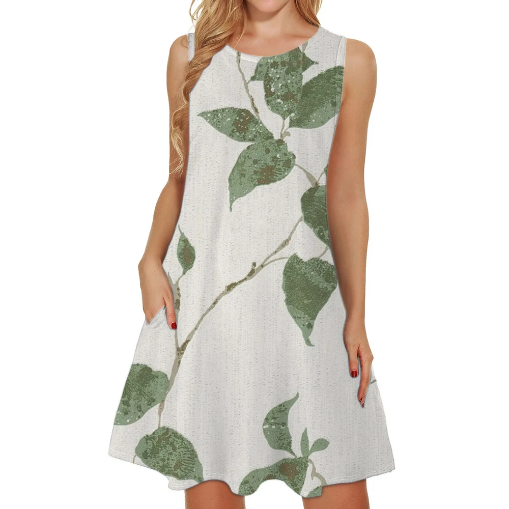 Robe de plage imprimée de plantes bleues pour femmes, jupes au genou, robes d'été décontractées, mode streetwear, t-shirts