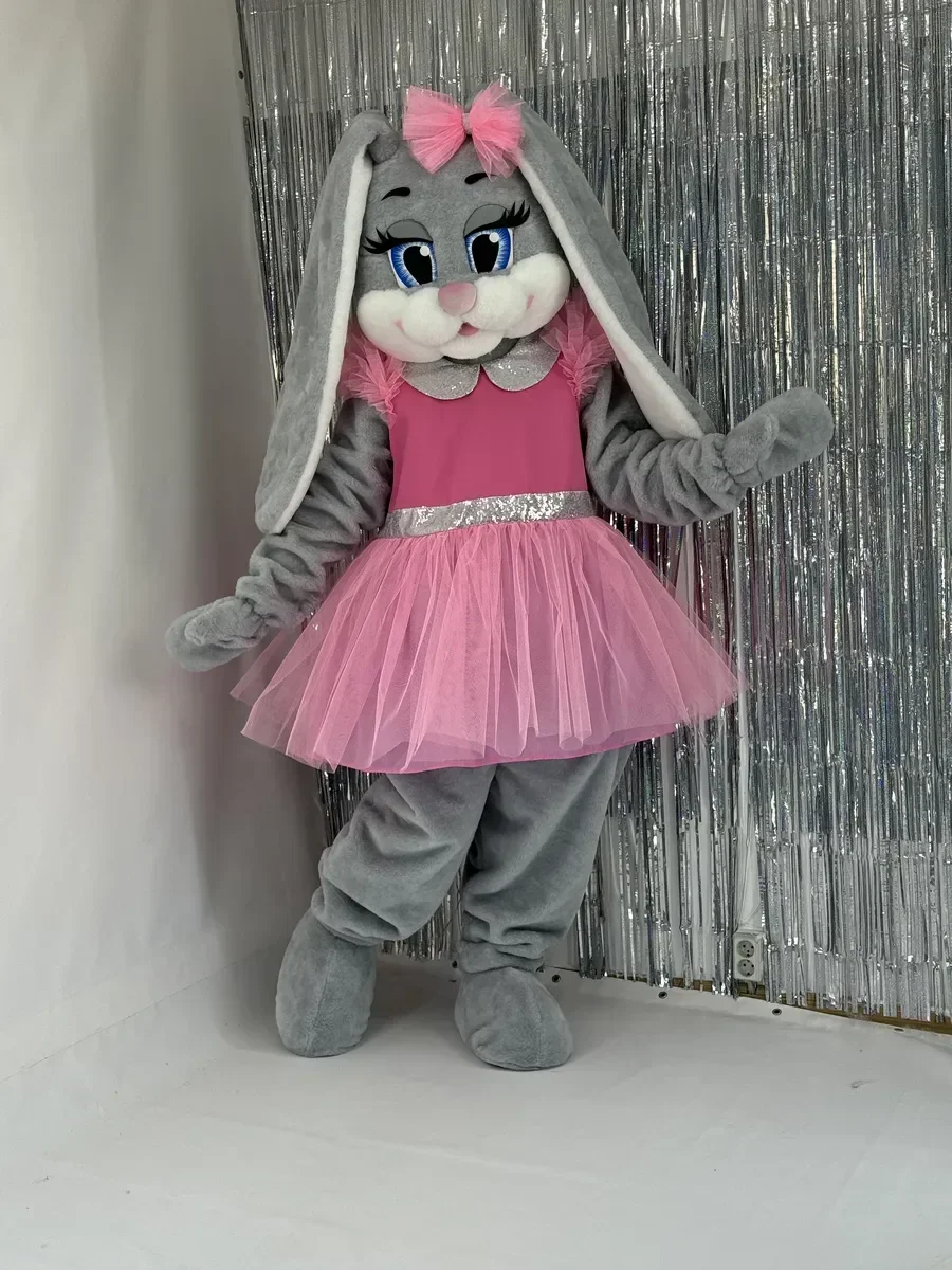 

Purple Dress Grey Rabbit Mascot Costume Bunny Easter Fancy Outfits for Halloween Christmas Fancy Party Events