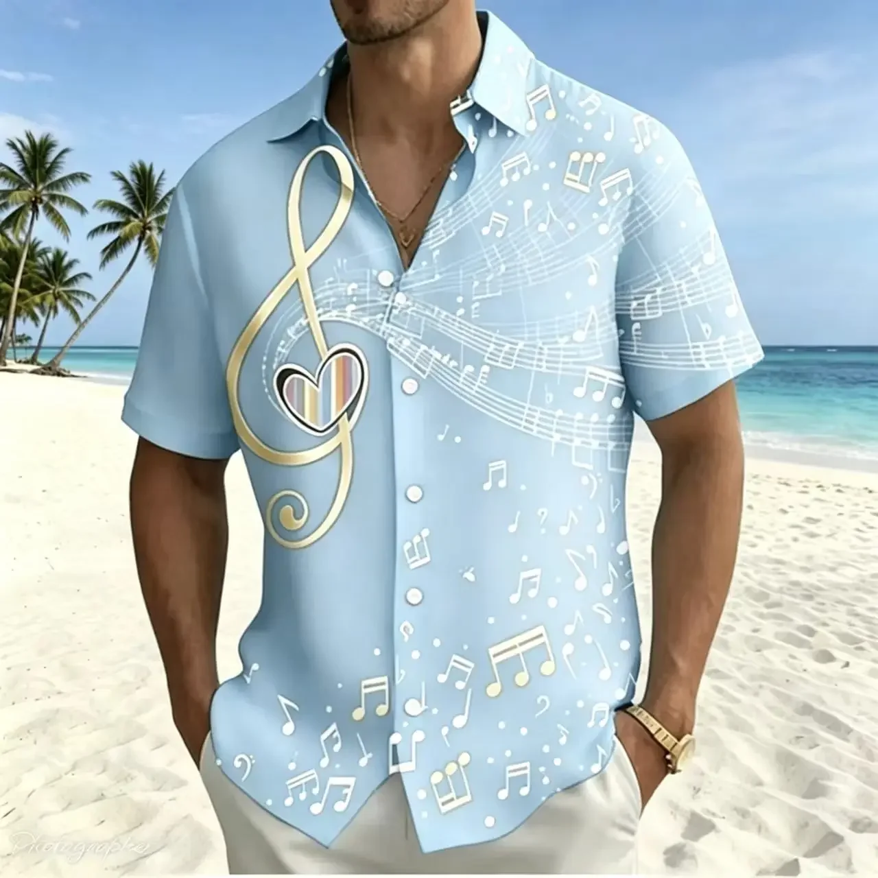 Premium Men's Short Sleeved 3D Printed Music Symbol Shirt – Comfortable Breathable Casual Vacation Wear