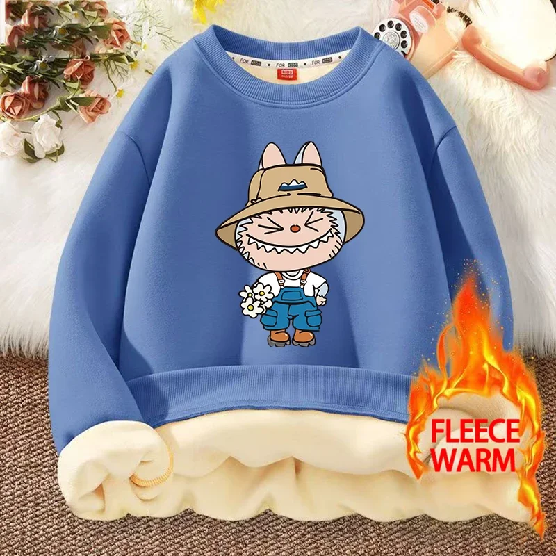 Labubu Toddler Winter Sweatshirt Girl Boy Crewneck Pullover Thickening Tshirt Kid Winter Long Sleeve Top Cartoon Clothes Gift