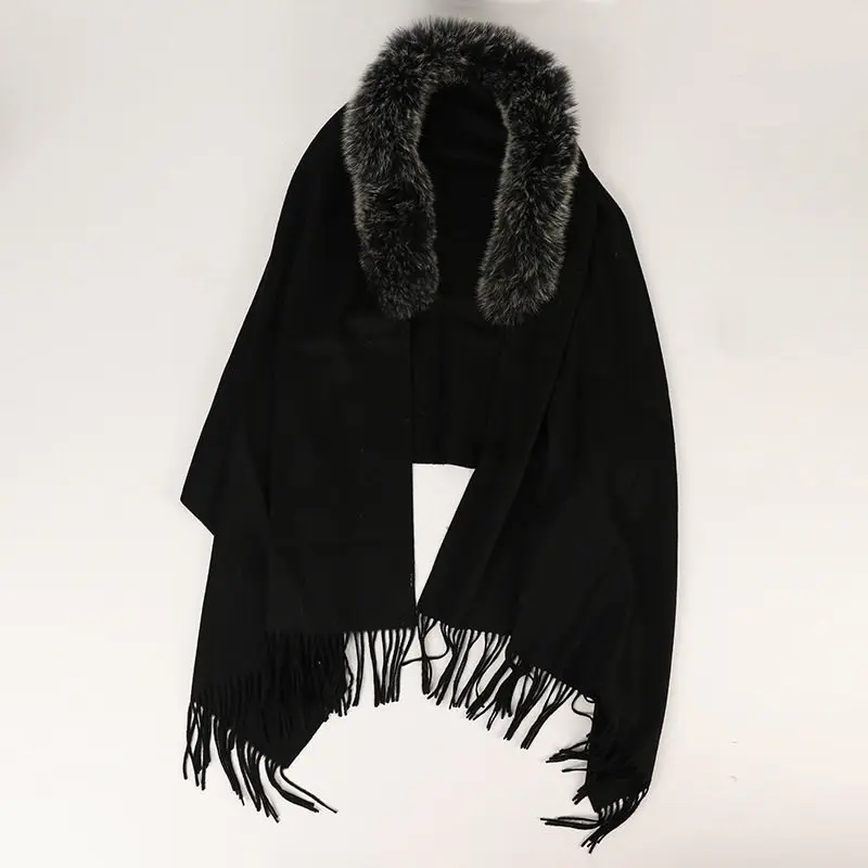 Luxuriöser Herbst-Winter 100% Wollschal mit Natürlichem Fuchspelzkragen Winddichter Warmer Modischer Damen-Umhang – Detail 1