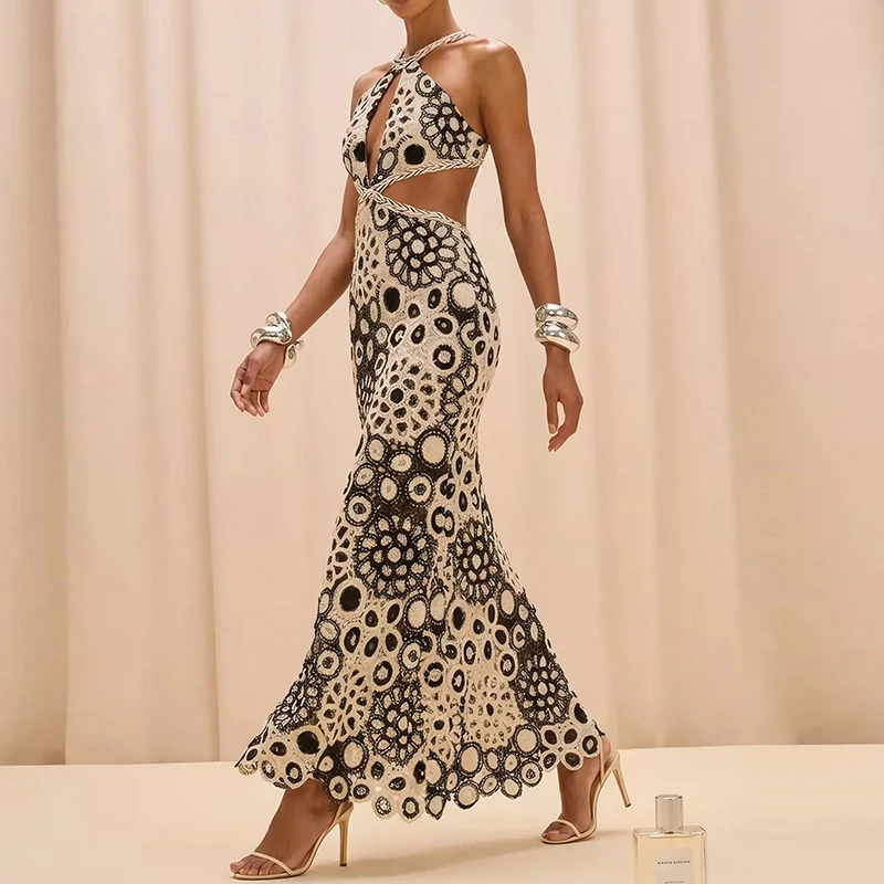 Summer Sleeveless Camisole Women's Beach Dress Sexy Backless High Waist Long Dresses Color Blocked Hollow Out Slim Knitted Dress