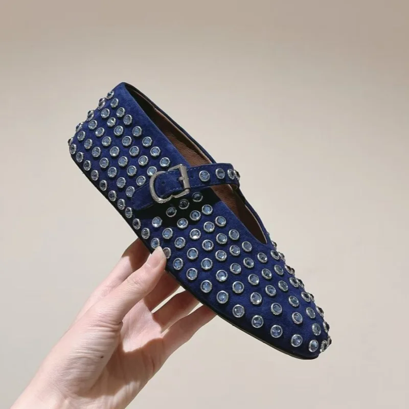 

Новинка 2025, французские туфли Мэри Джейн из натуральной кожи с заклепками и стразами, на плоской подошве, с круглым носком, балетки