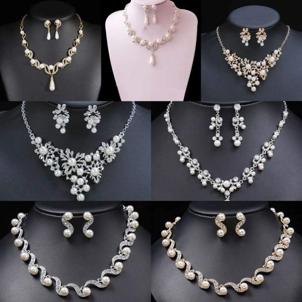 Legierung Strass Blume Jahrestag Geschenk Perle Baumeln Ohrringe Wasser Tropfen Ohrringe Frauen Halskette Braut Hochzeit Schmuck Set