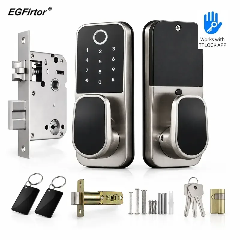TTLOCK Password Fingerprint Deadbolt Lock Bluetooth Smart Electronic Lock with Rotary Handle for Wooden Door Homestay
