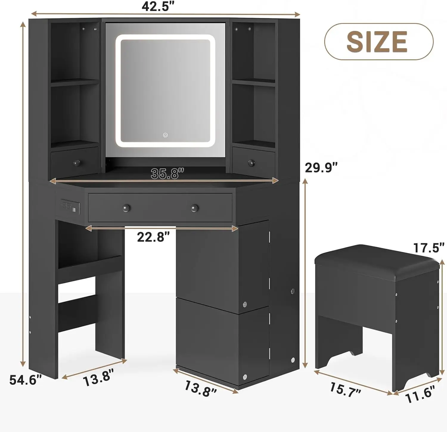 Bureau de courtoisie d'angle avec miroir 4.2, vanité de maquillage avec lumières et station de charge, ensemble de vanité avec miroir noir