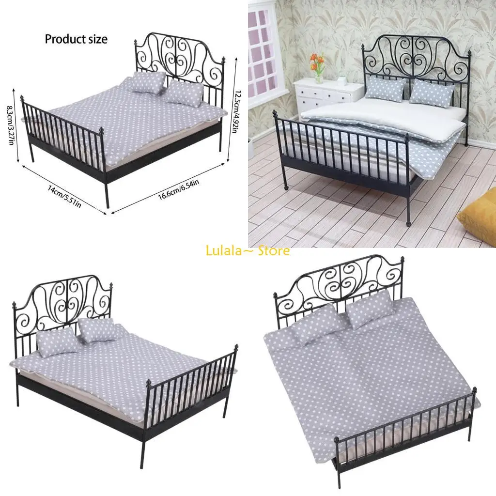 Y4QA Dollhouses Double Bed With Detachable Bedding and Mattress for 1/12 Scale Miniature Scene Displaying Accessories