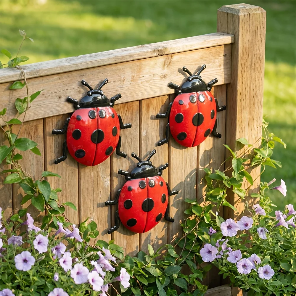 Lot de 3 décorations murales en métal en forme de coccinelle, idéales pour le jardin, le salon, la chambre, le porche, la terrasse, utilisables dans divers contextes