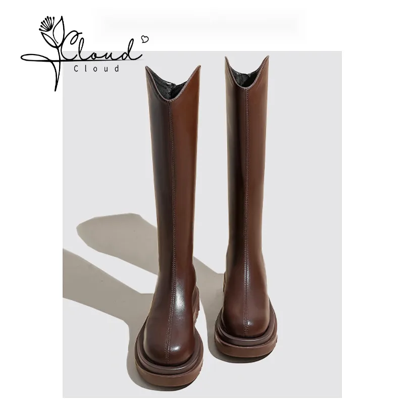 Leather Version V-mouth Tide Snow Women Boots Thigh High 2024 New Autumn Winter Long Leg Knee Thick Soles Knight Female Shoes