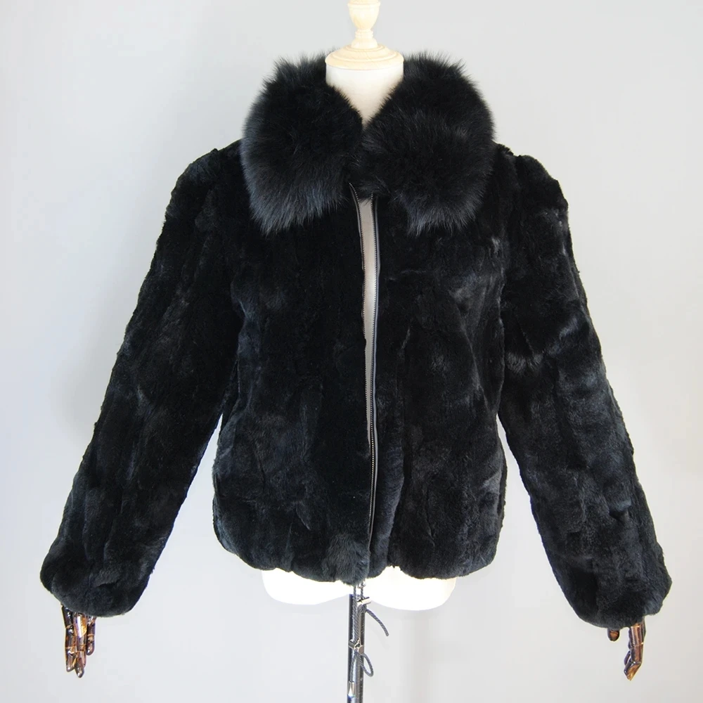 2024 New Women Winter Warm Soft Quality Real Rex Rabbit Fur Coat Rex Rabbit Fur Short Jackets Whit Real Fox Fur Collar Overcoat