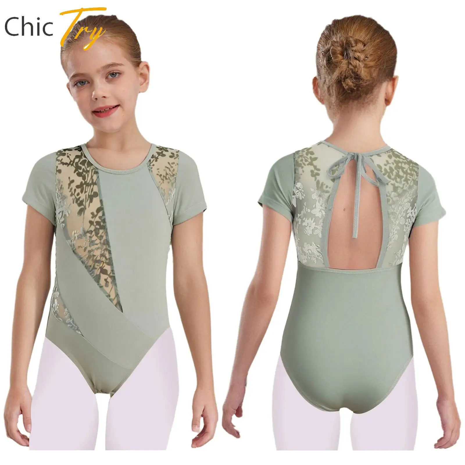 

Child Girls Cutout Back Ballerina Dancewear Short Sleeve Velvet Printed Mesh Ballet Gymnastics Leotard Practice Performance Wear